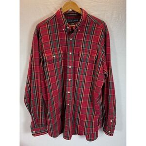 Vintage Ralph Lauren Workshirt  Mens XL Flannel Button‎ Up Plaid Holiday Red